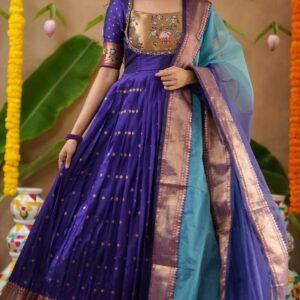 Soft Silk Blue Handwork Anarkali Gown Dress