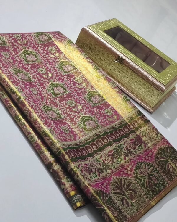 Pure kanchipattu tissue Meenakari boarder with embose designs