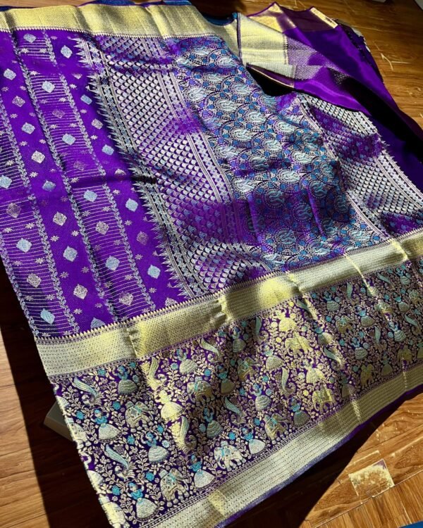 Pure kanchipattu tissue gold with violet combination pure silk sarees