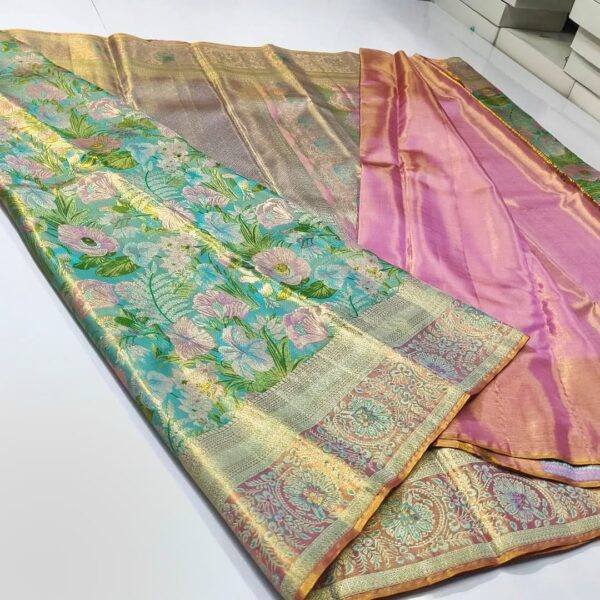 Exclusive wedding collection pure kanchipattu tissue Meenakari floral brocade - Image 2