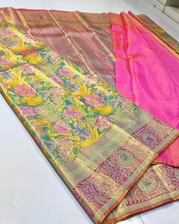 Exclusive wedding collection pure kanchipattu tissue Meenakari floral brocade