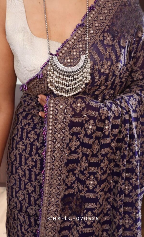 Lucknowi sarees with intricate chikankari work and handwork sequence and pearl borders - Image 3