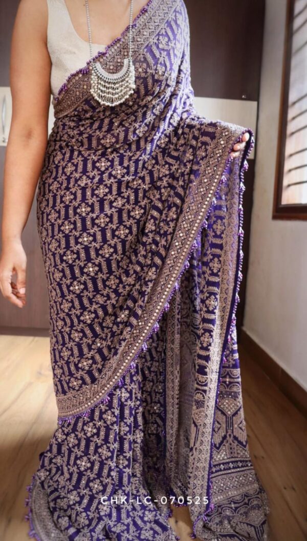 Lucknowi sarees with intricate chikankari work and handwork sequence and pearl borders - Image 5