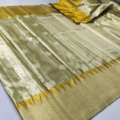 Pure kanchi pattu temple boarder with all over peacock stitching buttas
