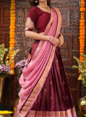 Banarasi Natural Crep Maroon Lehenga Set