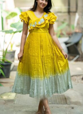 Lime Yellow Chanderi Knife-pleated Midi Dress