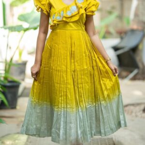 Lime Yellow Chanderi Knife-pleated Midi Dress