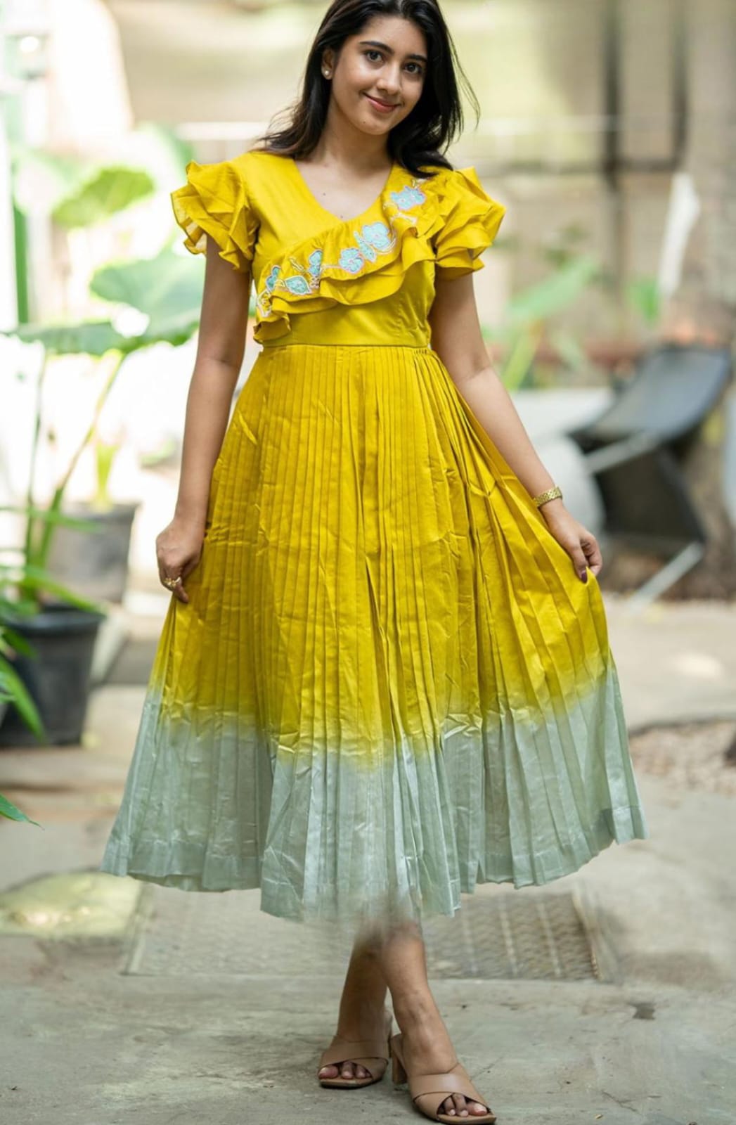 Lime Yellow Chanderi Knife-pleated Midi Dress