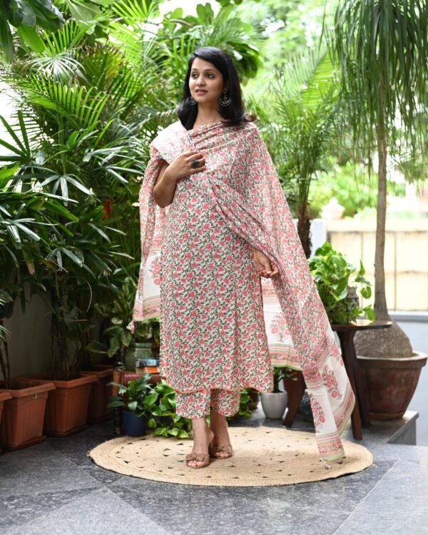 Sleeveless Hand block Cotton Suit Set