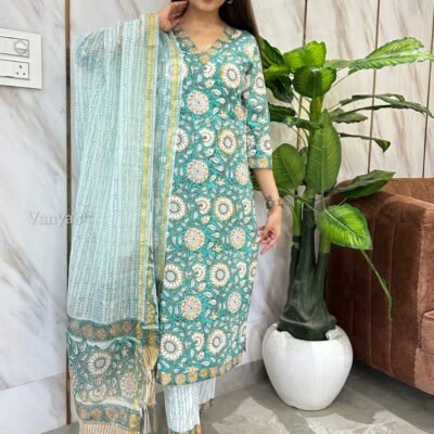 Pure hand block printed cotton kurta pant set