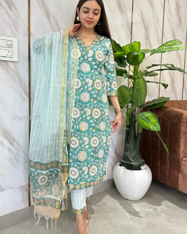 Pure hand block printed cotton kurta pant set