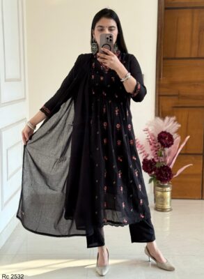 Beautiful Black Cotton Suit With Embroidery