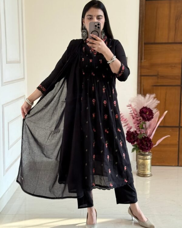 Beautiful Black Cotton Suit With Embroidery