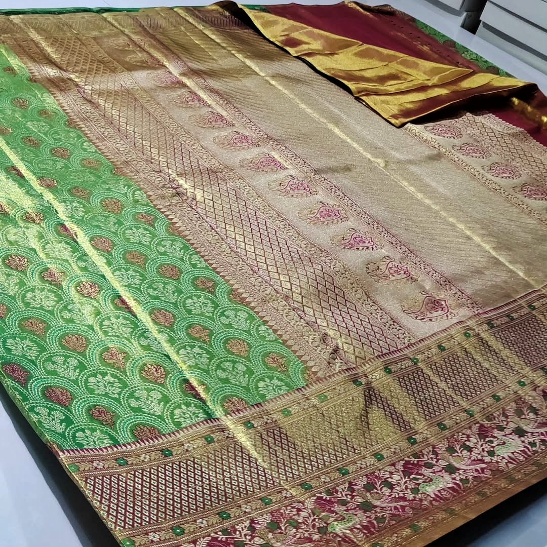 Pure kanchipuram tissue edge to edge meenakari designs