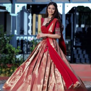Saffron Half Saree Set In Wine