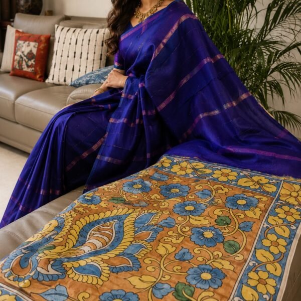 Bandni laheria kalamkari pallu pure tussar saree