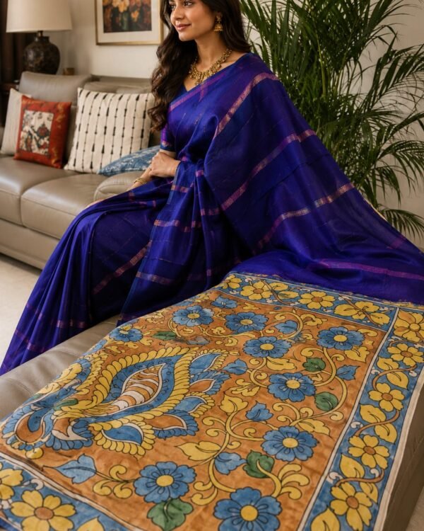 Bandni laheria kalamkari pallu pure tussar saree