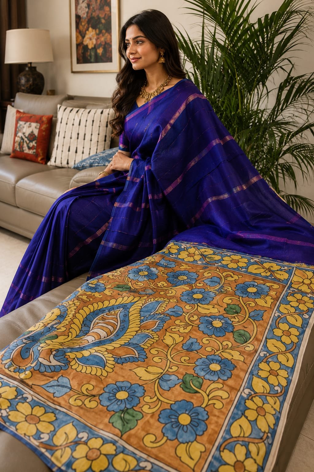 Bandni laheria kalamkari pallu pure tussar saree 1 Bandni laheria kalamkari pallu pure tussar saree