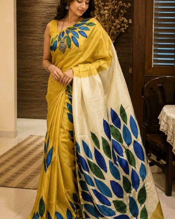 Exclusive hand paint zari border pure handloom tussar saree