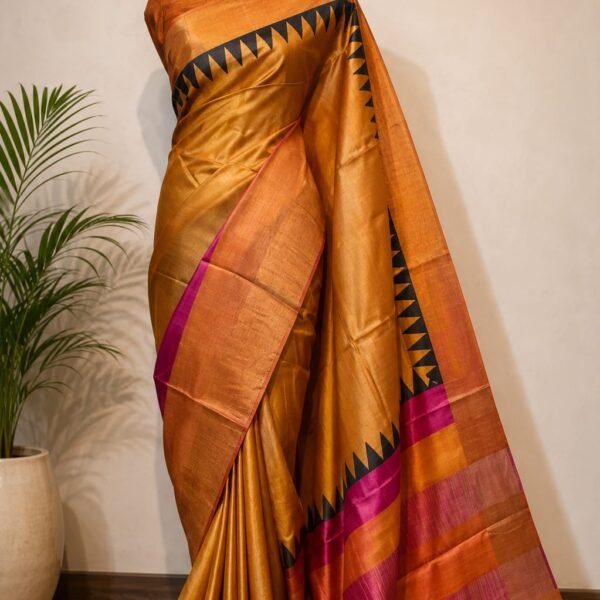 Hand-printing zari border pure handloom tussar saree