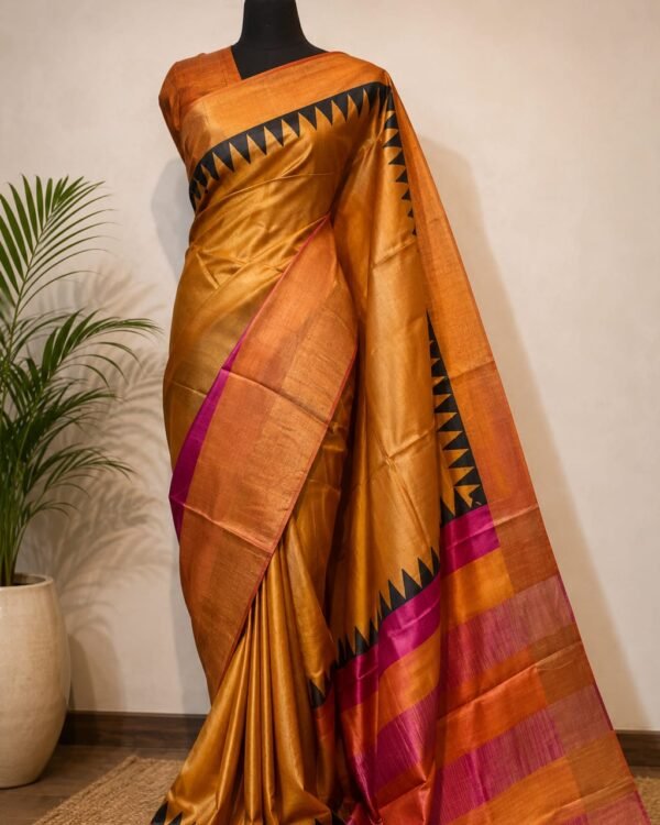 Hand-printing zari border pure handloom tussar saree