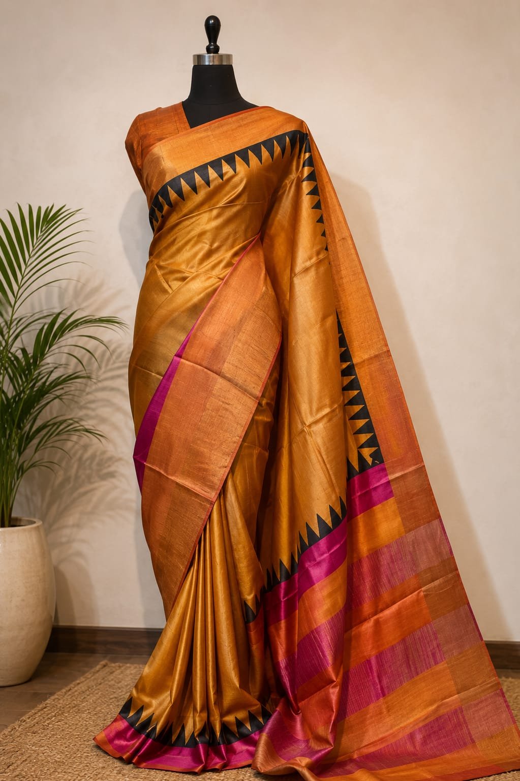 Hand-printing zari border pure handloom tussar saree 1 Hand-printing zari border pure handloom tussar saree