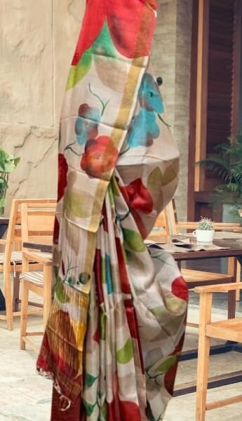 Pure handloom tusser saree with free hand hand painted saree 