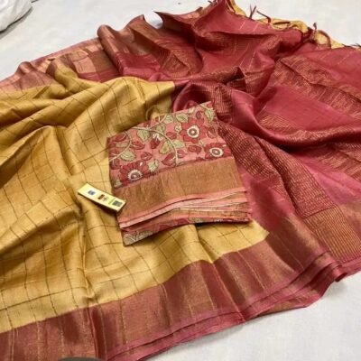 Check zari border pure tussar saree | kalamkari blouse