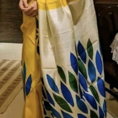 Hand painted design on zari border pure handloom tussar saree 