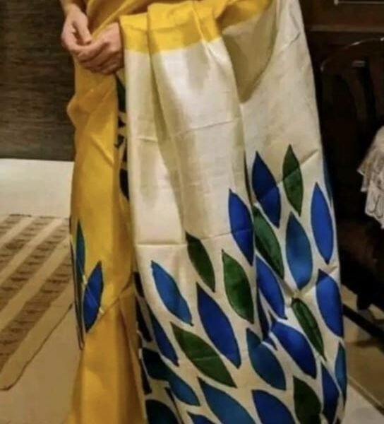 Hand painted design on zari border pure handloom tussar saree 