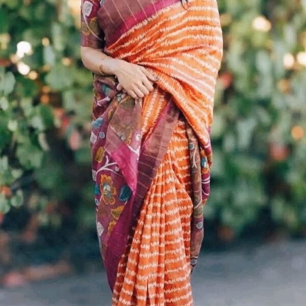 Exclusive bandni laheria with kalamkari on checks zari border pure tussar with kalamkari blouse and pallu