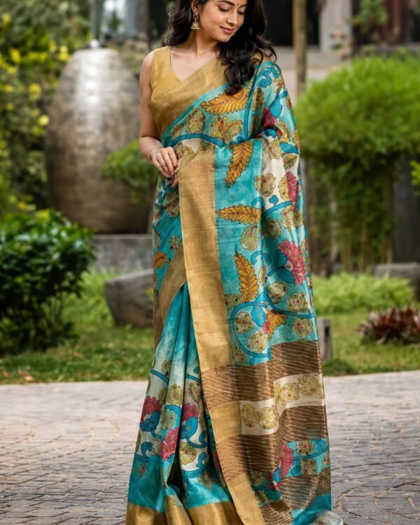Best Hand kalamkari on pure zari border handloom tussar