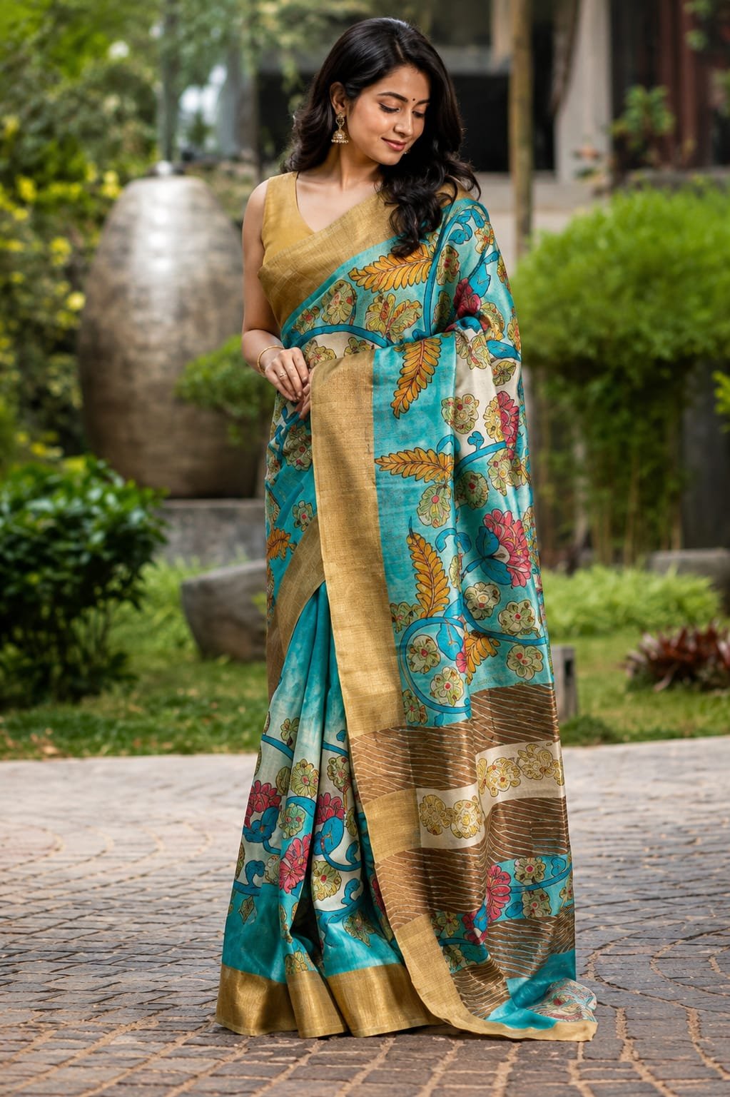 Best Hand kalamkari on pure zari border handloom tussar 1 Best Hand kalamkari on pure zari border handloom tussar