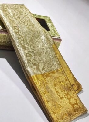 Bridal wear pure kanchipattu tissue edge to edge gold boarder with silver brocade designs