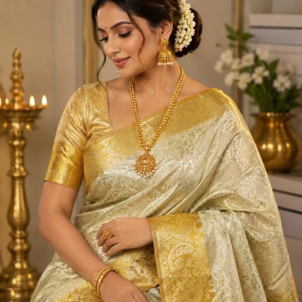 Bridal wear pure kanchipattu tissue edge to edge gold boarder with silver brocade designs
