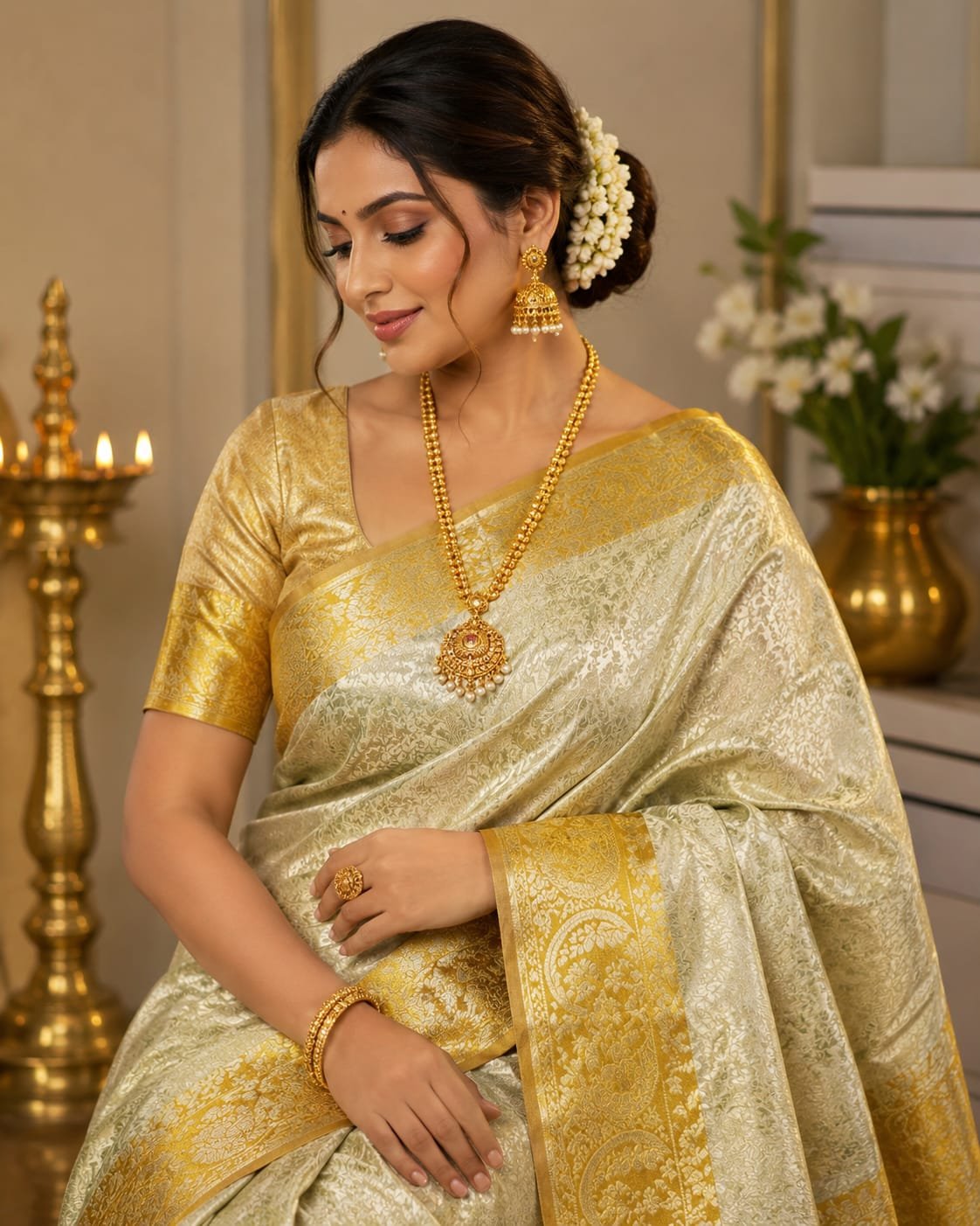 Bridal wear pure kanchipattu tissue edge to edge gold boarder with silver brocade designs