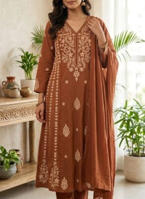 Brown Beautiful mul cotton with lining designer kurta set