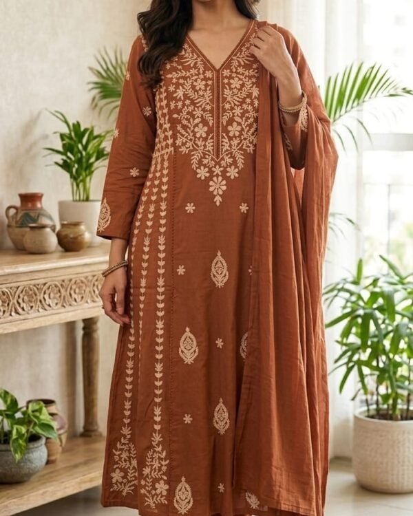 Brown Beautiful mul cotton with lining designer kurta set