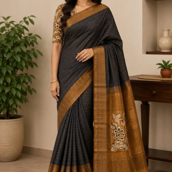 Exclusive Pure handloom tussar saree with kalamkari blouse