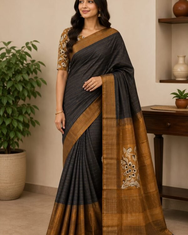 Exclusive Pure handloom tussar saree with kalamkari blouse