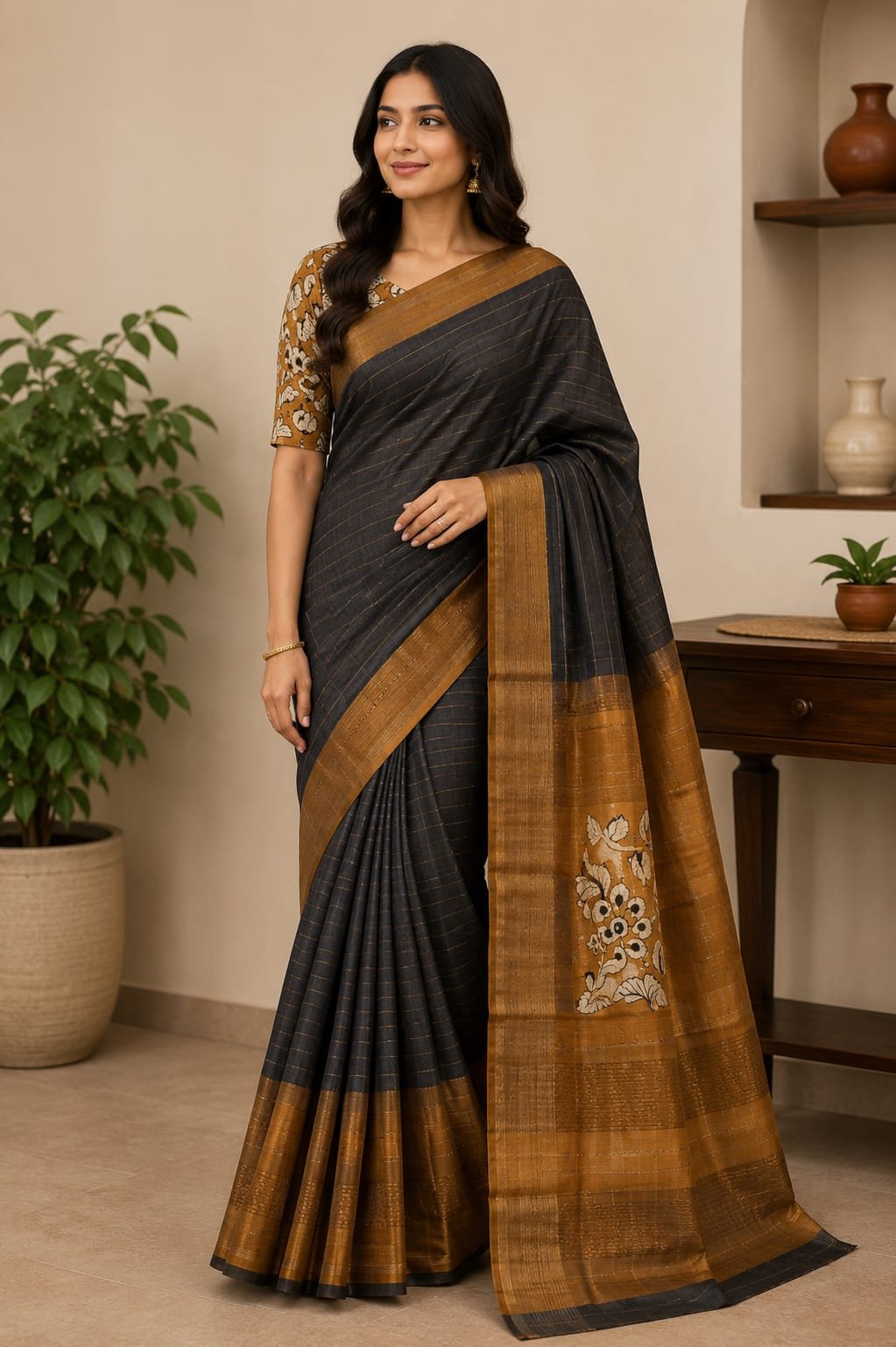 Exclusive Pure handloom tussar saree with kalamkari blouse 1 Exclusive Pure handloom tussar saree with kalamkari blouse