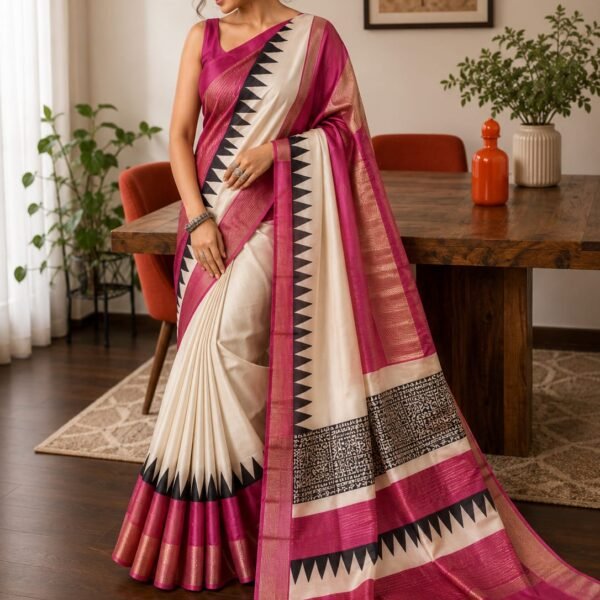 Hand print design on zari border pure handloom tussar saree