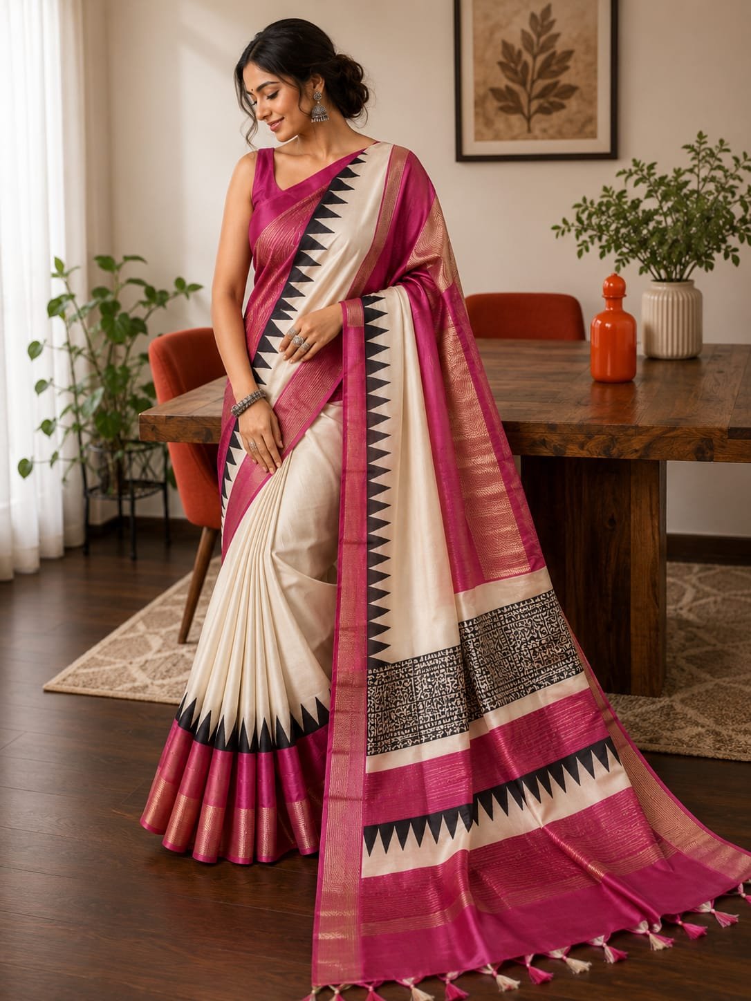 Hand print design on zari border pure handloom tussar saree 1 Where To Buy A Tussar Pure Silk Saree