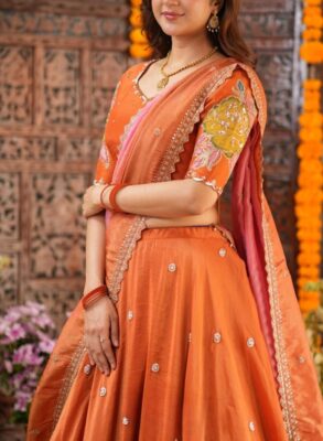 Orange Golden Tissue Lehenga Set