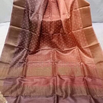 Zari border Pure Handloom Tussar Silk Saree | Hand Printed