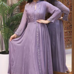 Pure Chinnon Heavy Hand Work Long Gown With Drape Long Attached Dupatta