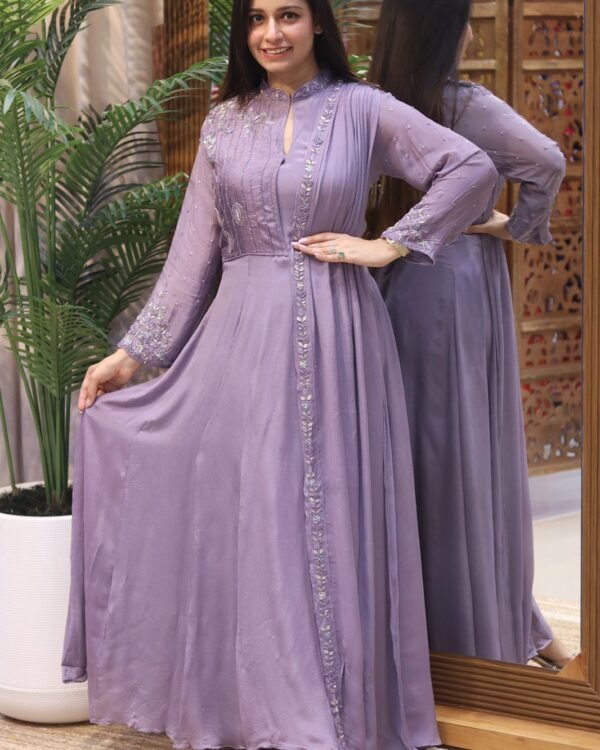 Pure Chinnon Heavy Hand Work Long Gown With Drape Long Attached Dupatta