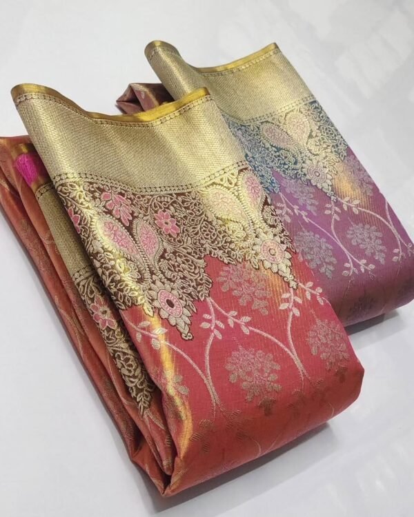 Premium quality pure kanchipattu tissue, Meenakari edge to edge patterns