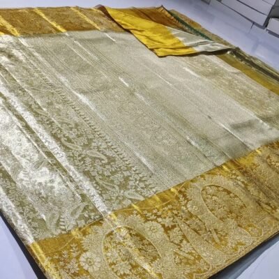 Bridal wear pure kanchipattu tissue edge to edge gold boarder with silver brocade designs