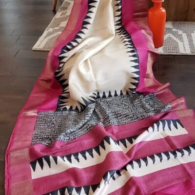 Hand print design on zari border pure handloom tussar saree